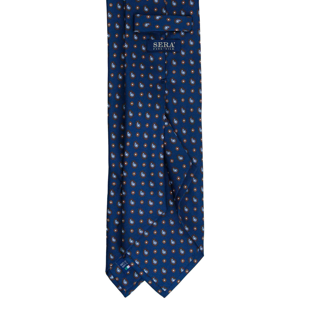 Blue Silk Tie with Paisley and Floral Pattern Serà Fine Silk