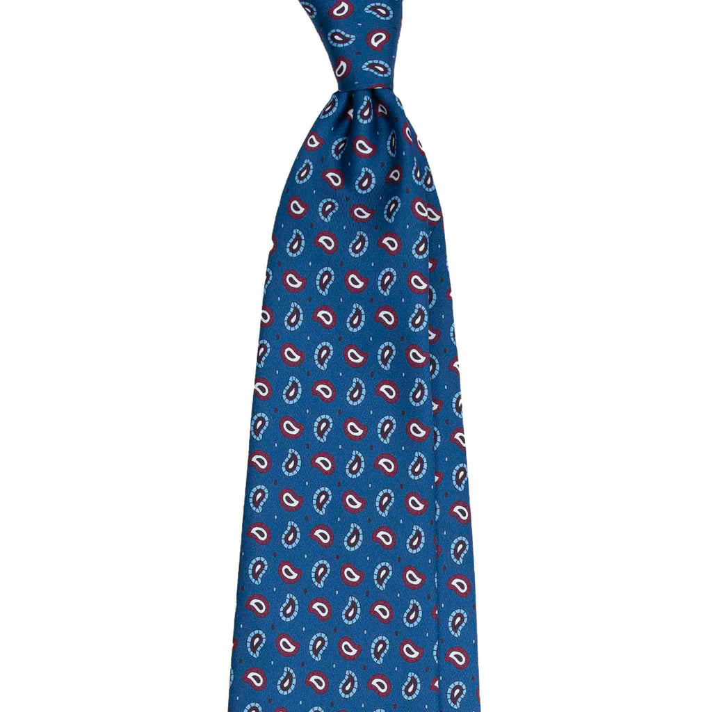 Blue Silk Tie with Burgundy and Light Blue Paisley Pattern Serà Fine Silk