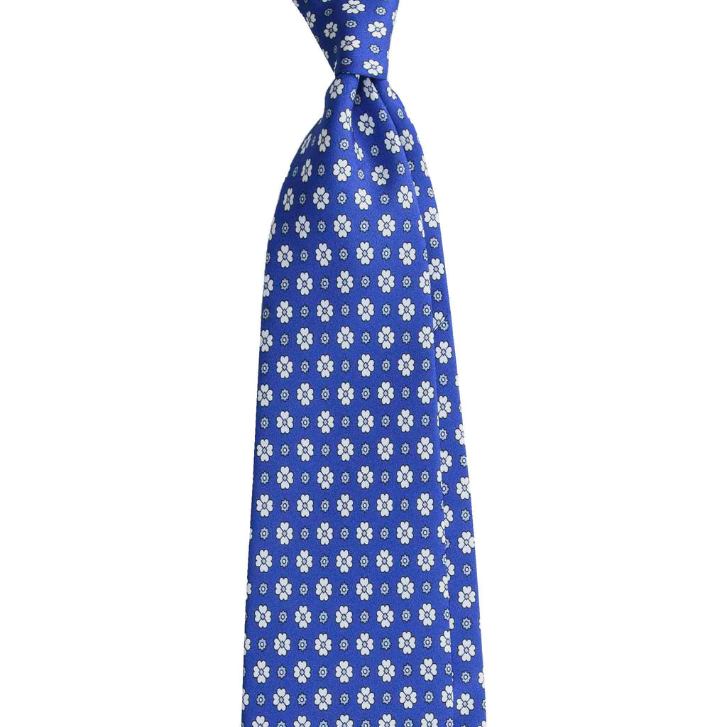 Blue Silk Tie with White Flowers Serà Fine Silk
