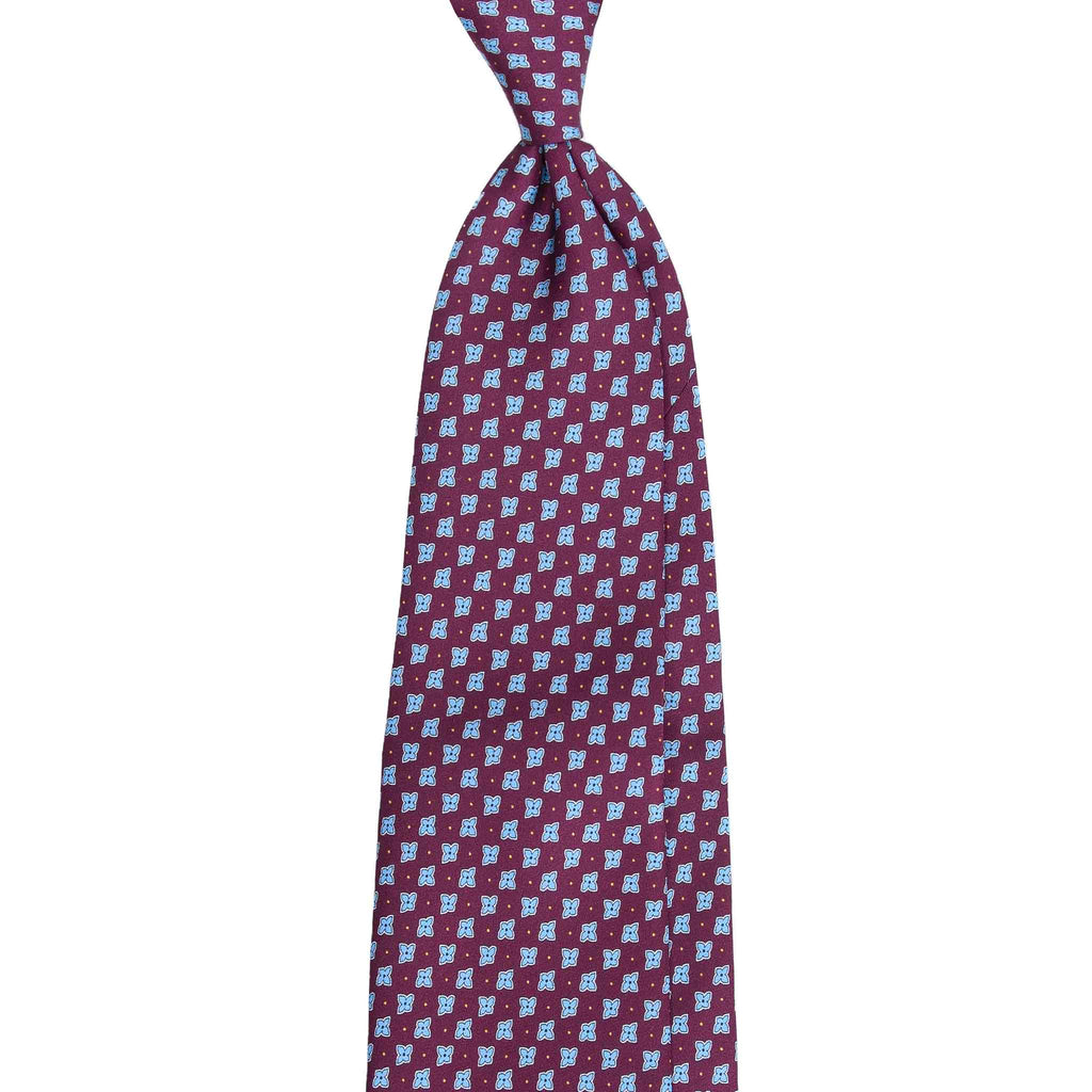 Burgundy Silk Tie with Light Blue Vintage Flowers Serà Fine Silk
