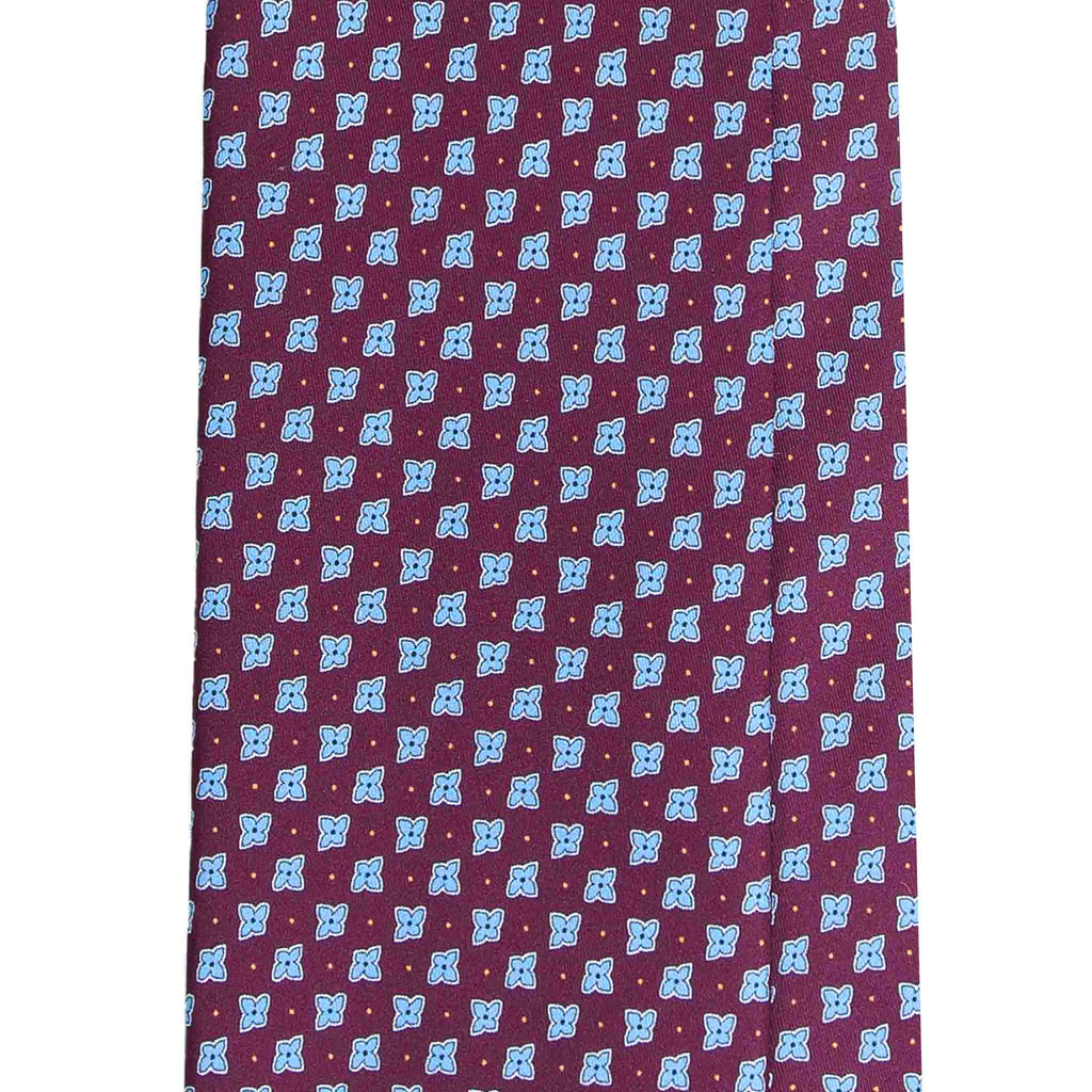 Burgundy Silk Tie with Light Blue Vintage Flowers Serà Fine Silk
