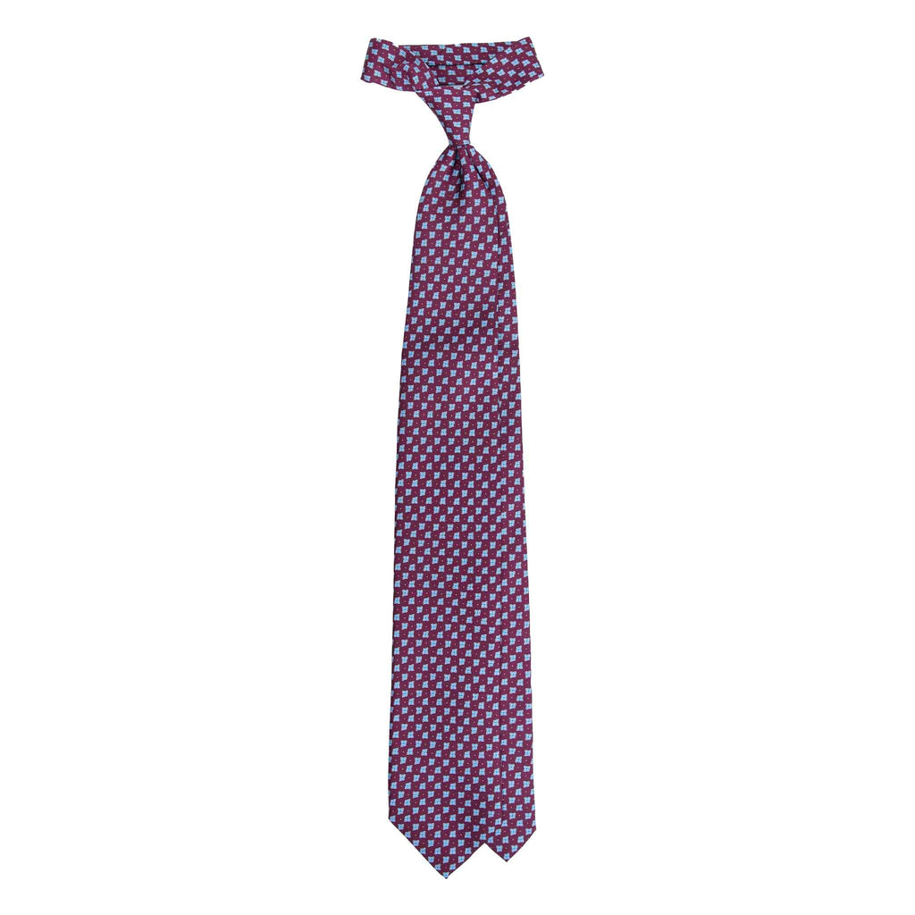 Burgundy Silk Tie with Light Blue Vintage Flowers Serà Fine Silk