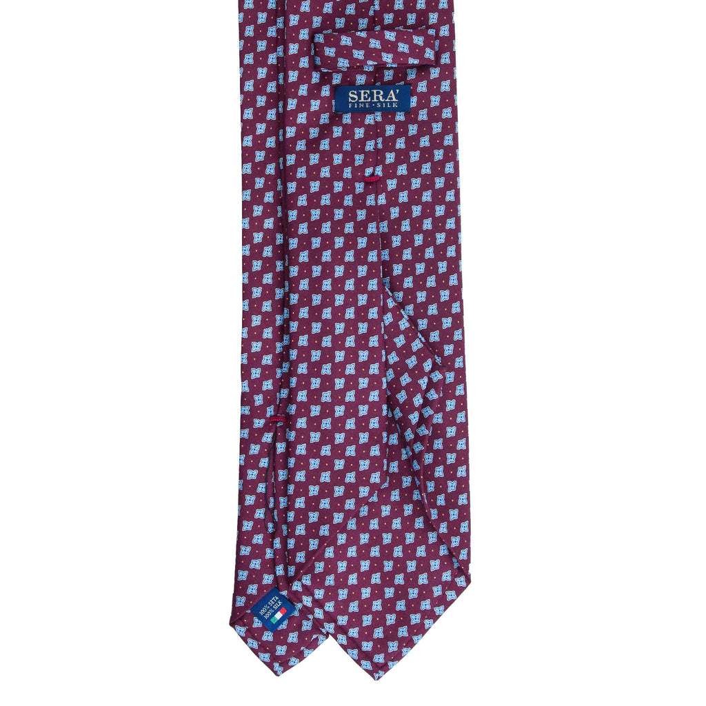 Burgundy Silk Tie with Light Blue Vintage Flowers Serà Fine Silk