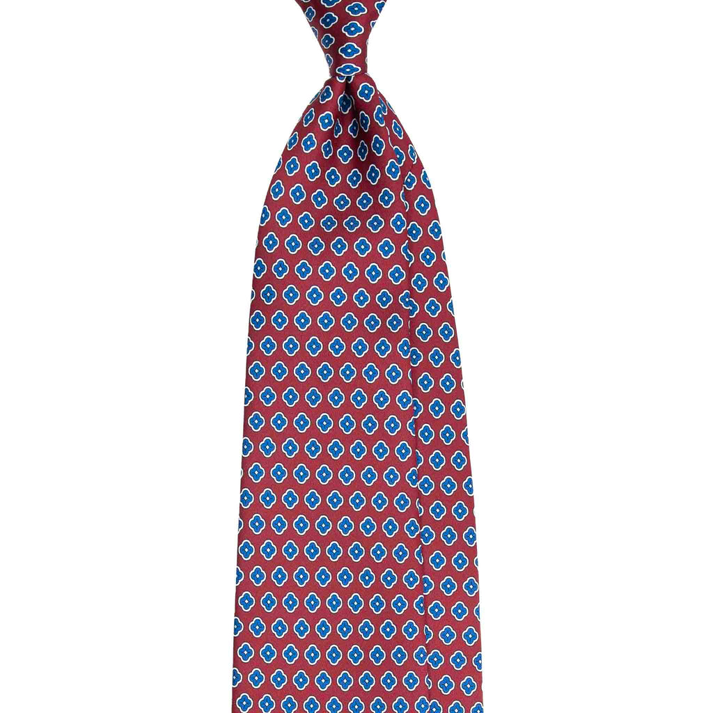 Burgundy Silk Tie with Small Blue Medallions Serà Fine Silk