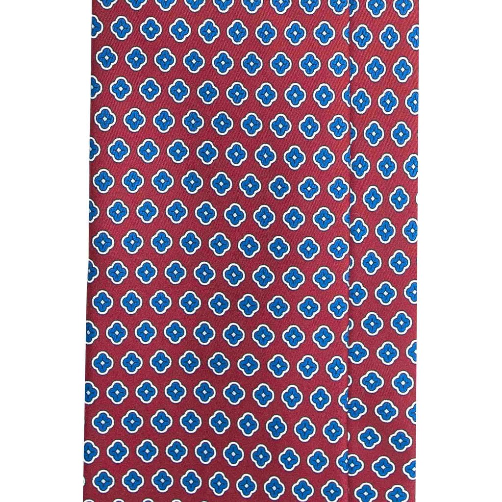 Burgundy Silk Tie with Small Blue Medallions Serà Fine Silk