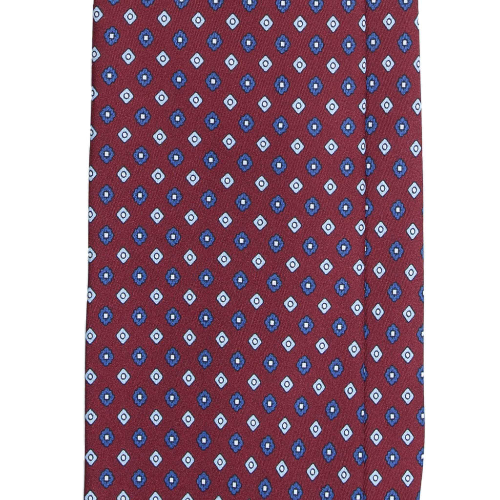 Burgundy Silk Tie with Light Blue Square Flowers Serà Fine Silk