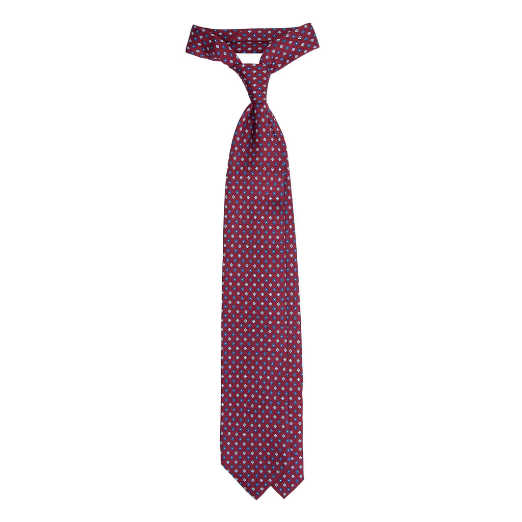 Burgundy Silk Tie with Light Blue Square Flowers Serà Fine Silk