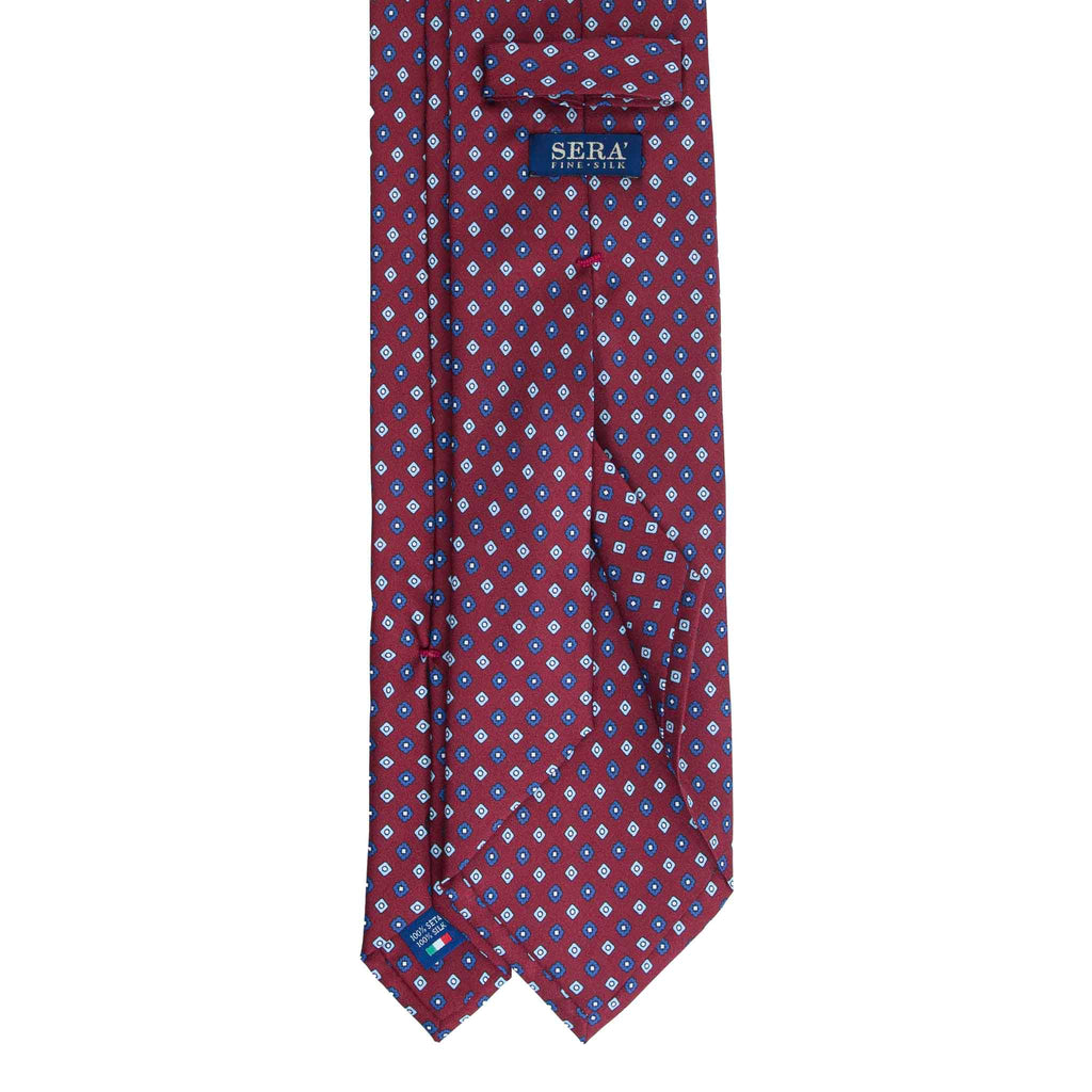 Burgundy Silk Tie with Light Blue Square Flowers Serà Fine Silk