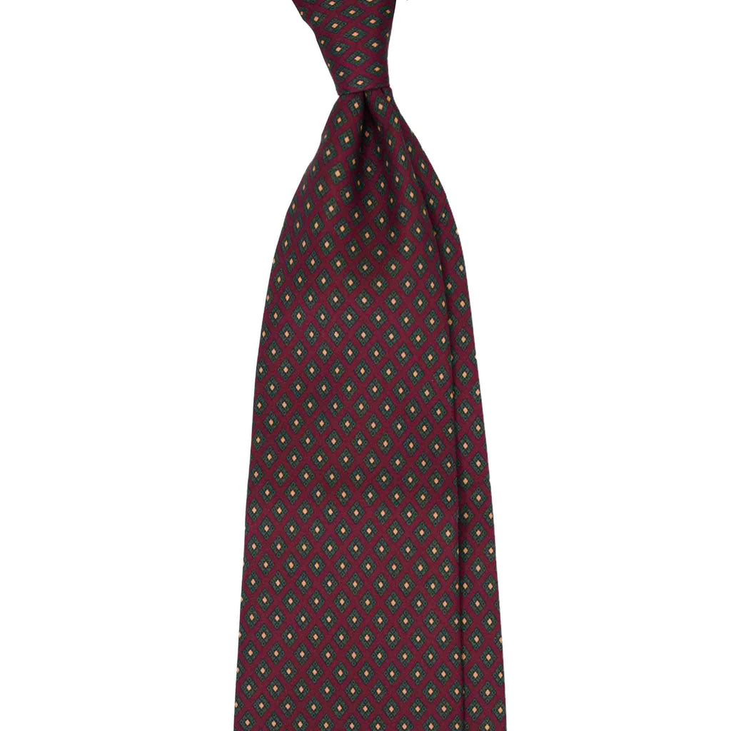 Burgundy Silk Tie with Green Square Pattern Serà Fine Silk