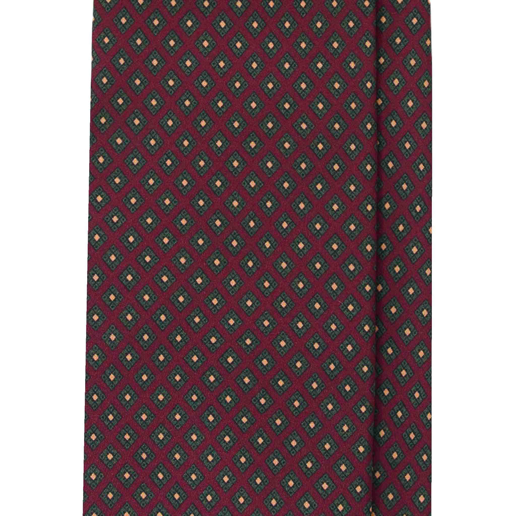 Burgundy Silk Tie with Green Square Pattern Serà Fine Silk