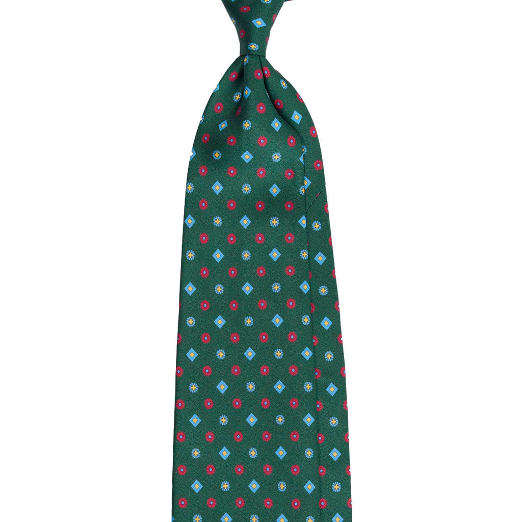 Green Silk Tie with Red Small Geometric Pattern Serà Fine Silk