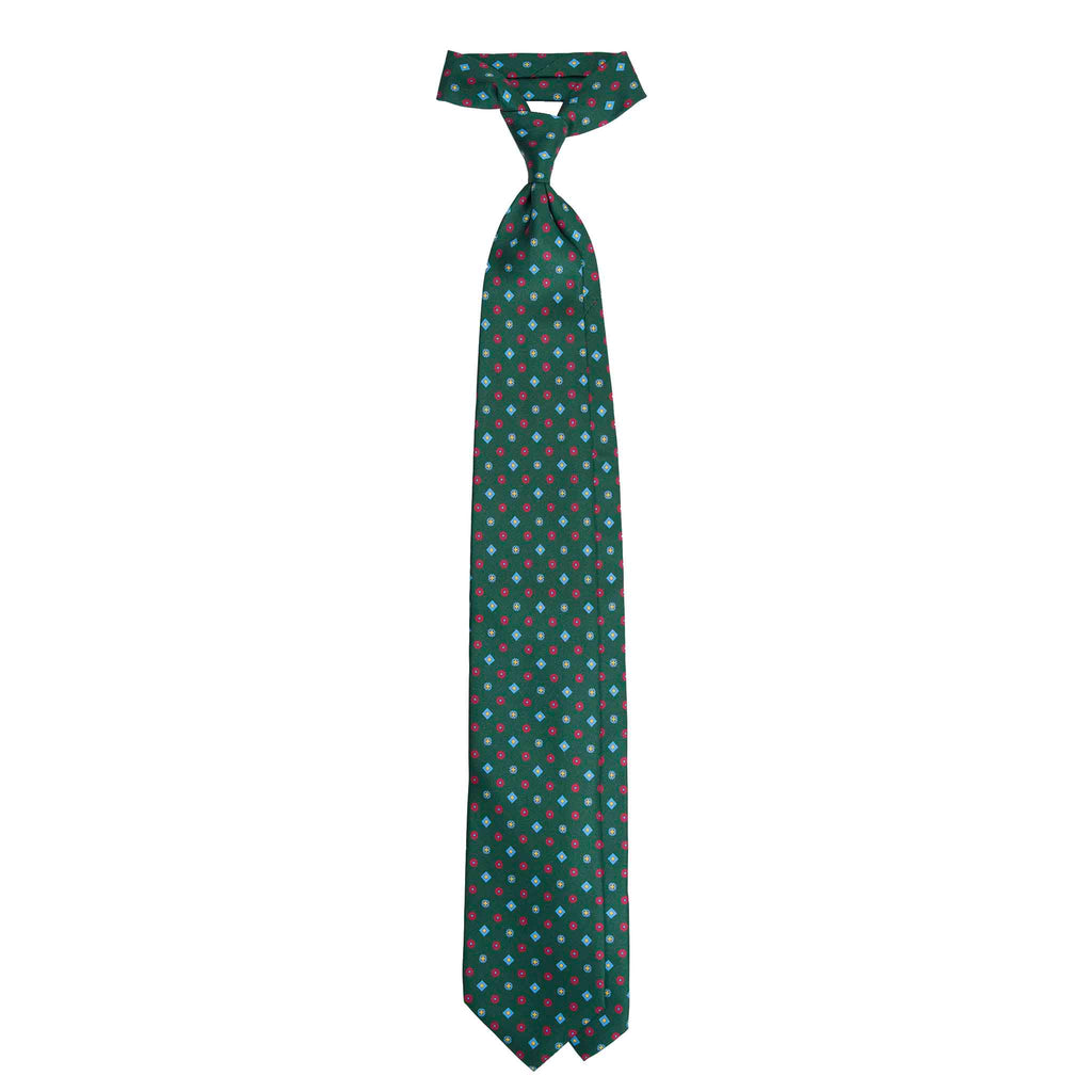 Green Silk Tie with Red Small Geometric Pattern Serà Fine Silk