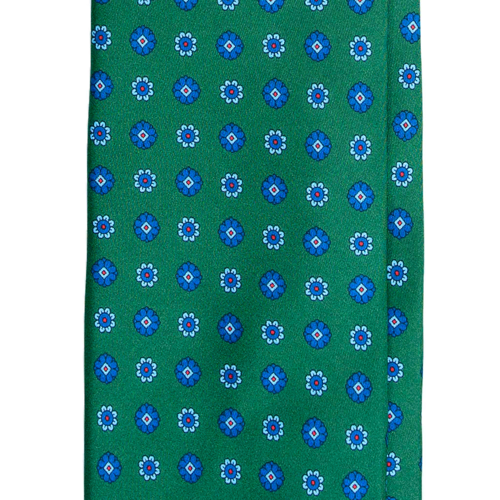 Green Silk Tie with Blue Circle Flowers Serà Fine Silk