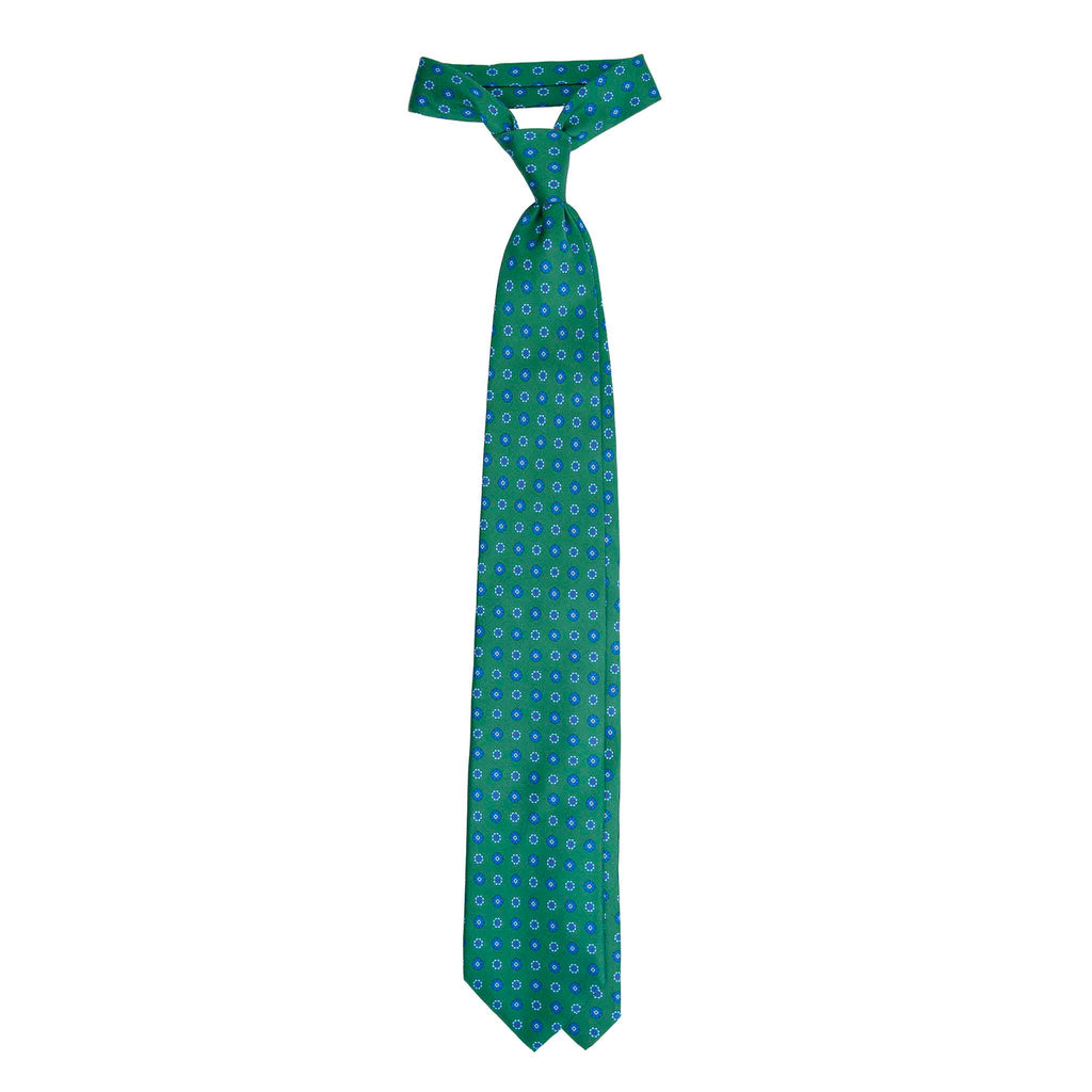 Green Silk Tie with Blue Circle Flowers Serà Fine Silk