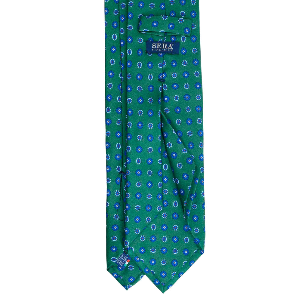 Green Silk Tie with Blue Circle Flowers Serà Fine Silk