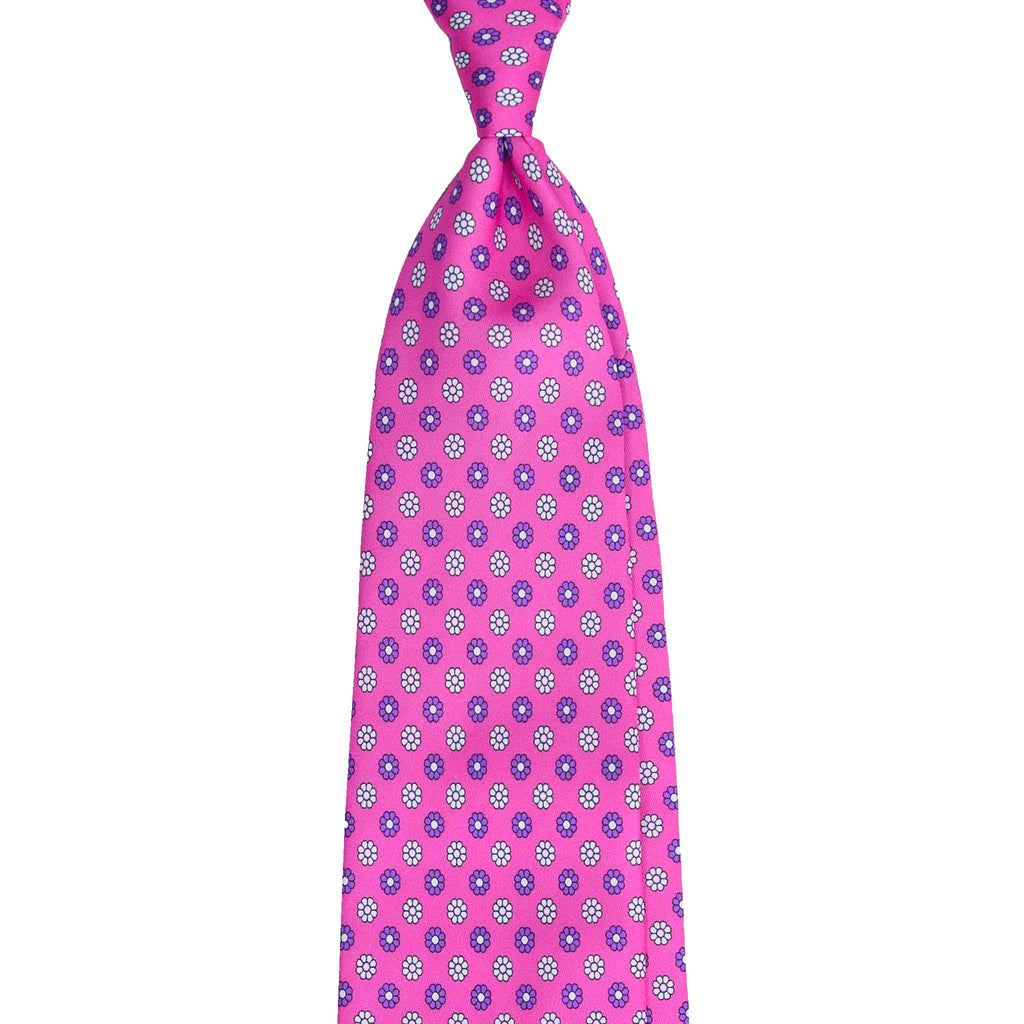 Hot Pink Silk Tie with White and Purple Flowers Serà Fine Silk