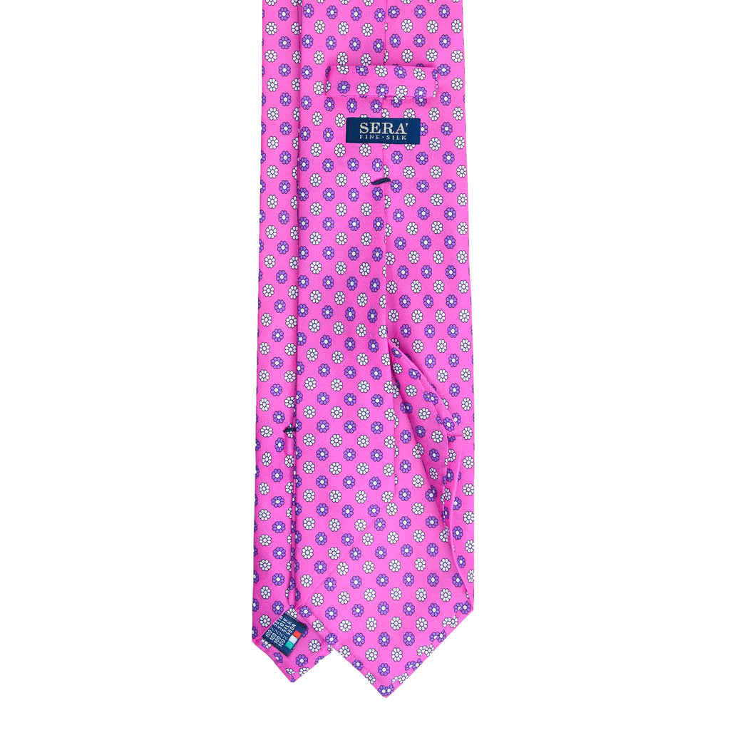 Hot Pink Silk Tie with White and Purple Flowers Serà Fine Silk