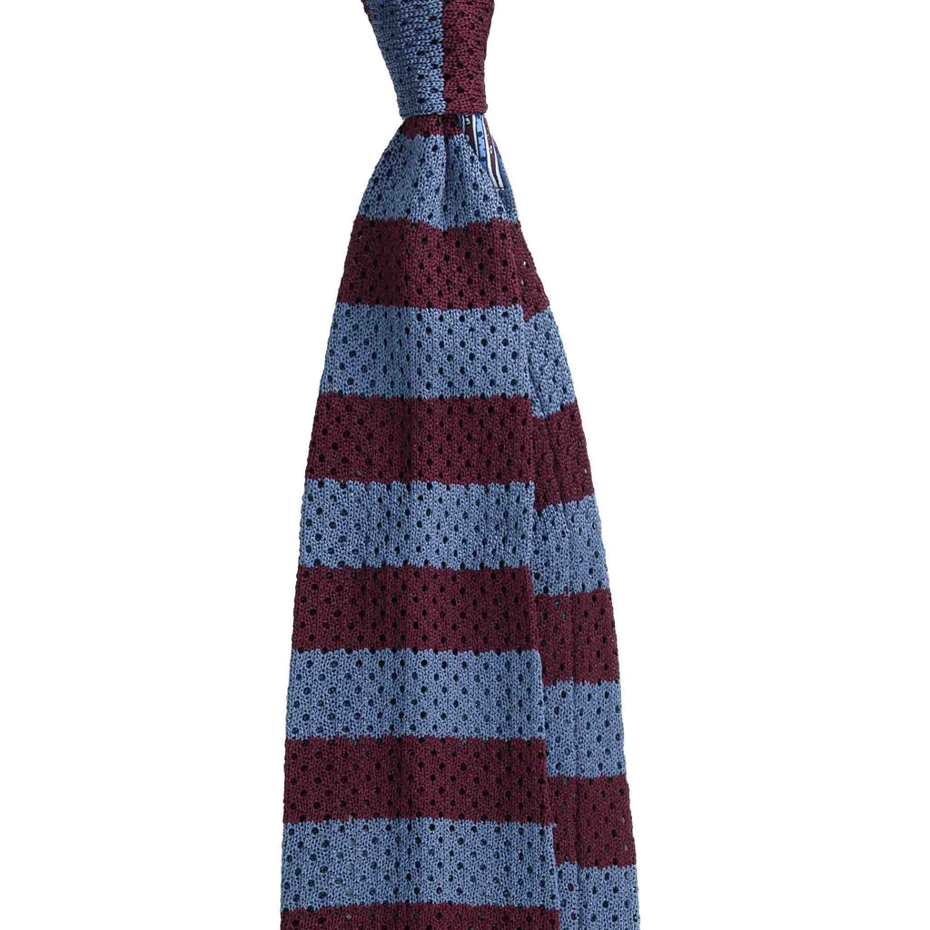 Grey and Burgundy Regimental Striped Knitted Tie Será Fine Silk