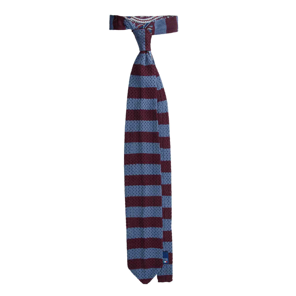 Grey and Burgundy Regimental Striped Knitted Tie Será Fine Silk
