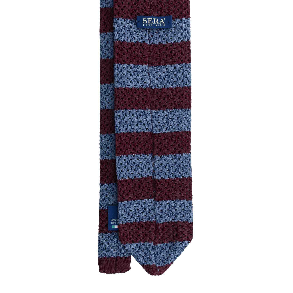 Grey and Burgundy Regimental Striped Knitted Tie Será Fine Silk