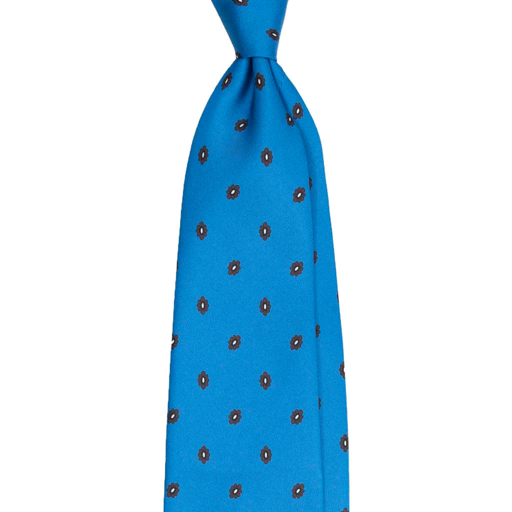 Light Blue Silk Tie with Brown Flowers Serà Fine Silk
