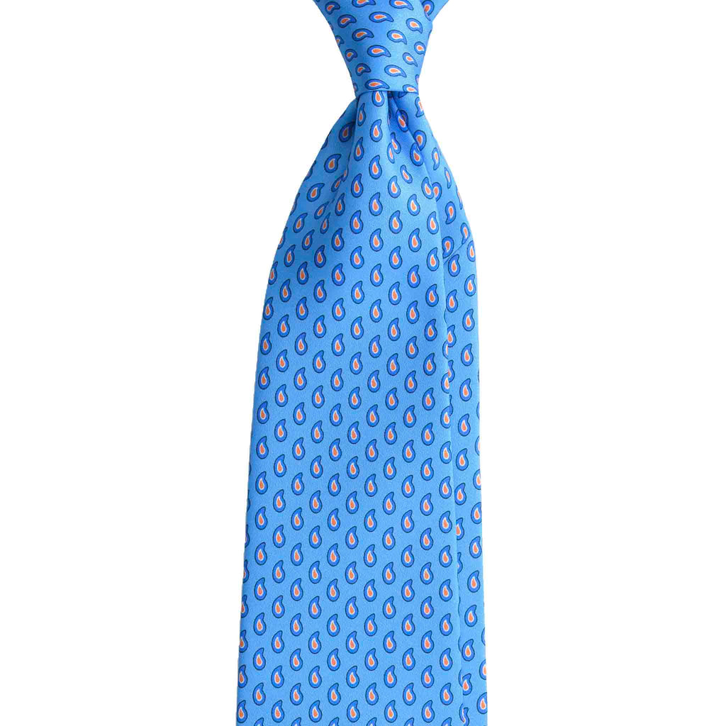 Light Blue Silk Tie with Small Orange Paisley Serà Fine Silk