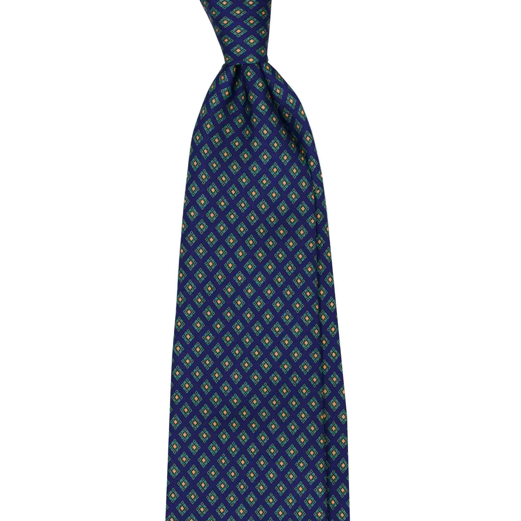 Navy Blue Silk Tie with Green Squares Pattern Serà Fine Silk