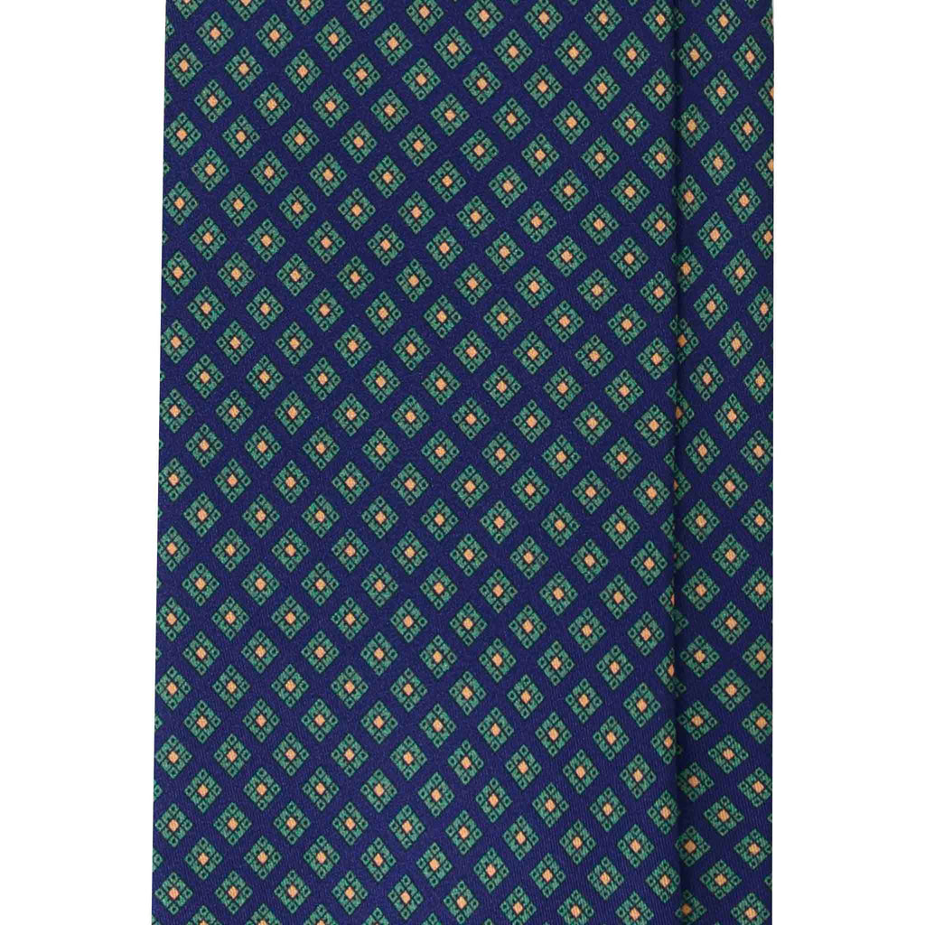 Navy Blue Silk Tie with Green Squares Pattern Serà Fine Silk