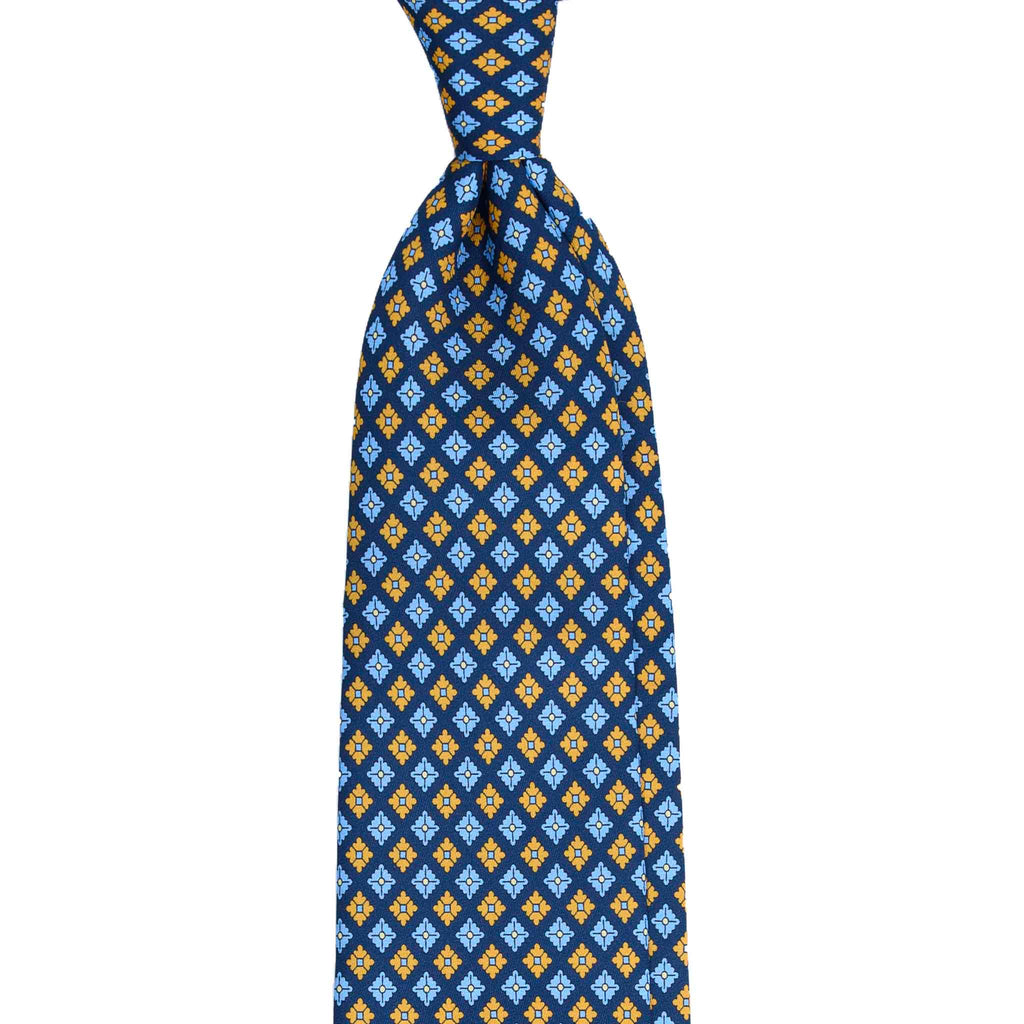 Navy Silk Tie with Blue and Orange Geometric Flowers Serà Fine Silk