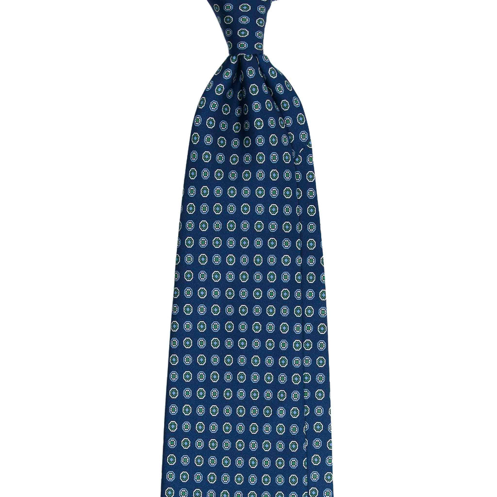 Navy Silk Tie with Green Flower Medallions Serà Fine Silk