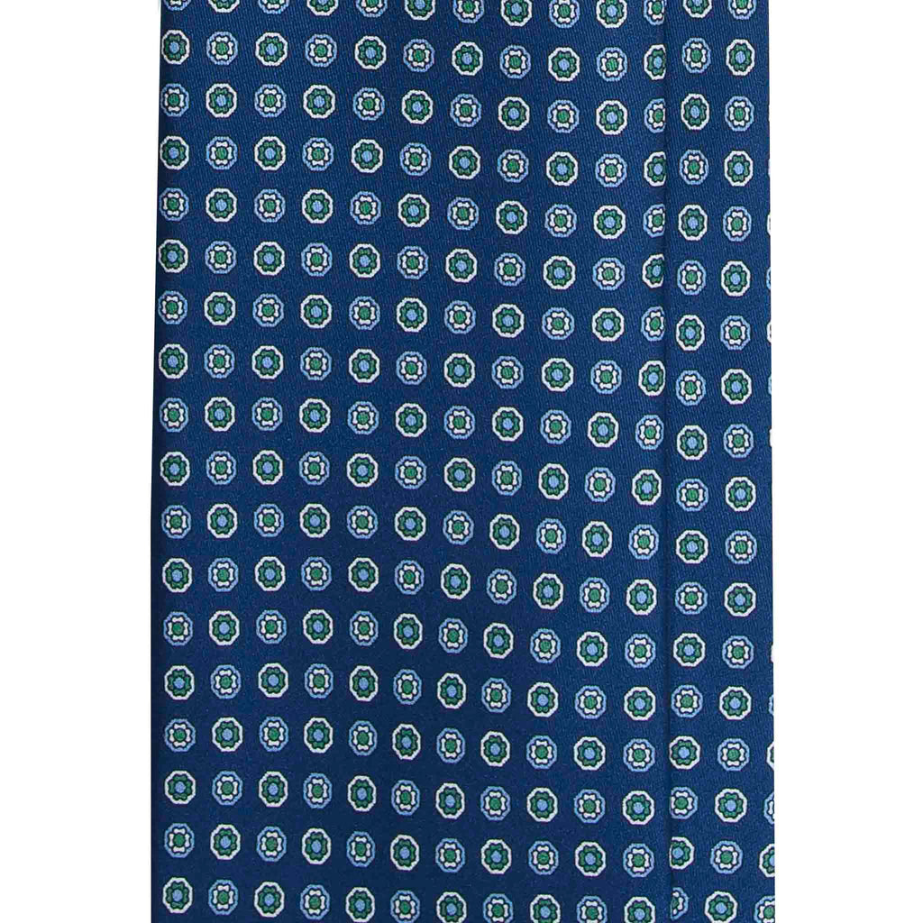 Navy Silk Tie with Green Flower Medallions Serà Fine Silk