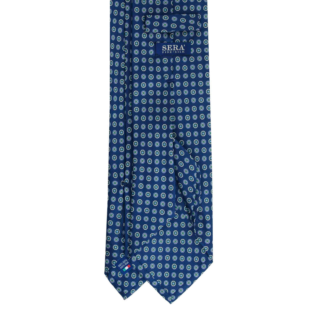 Navy Silk Tie with Green Flower Medallions Serà Fine Silk
