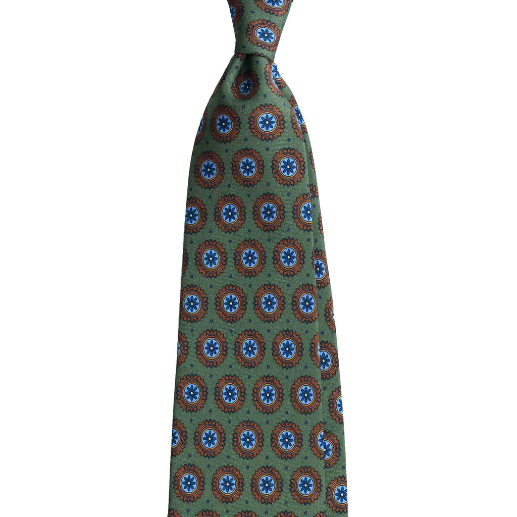 Olive Green Silk Tie with Big Brown Medallions Serà Fine Silk