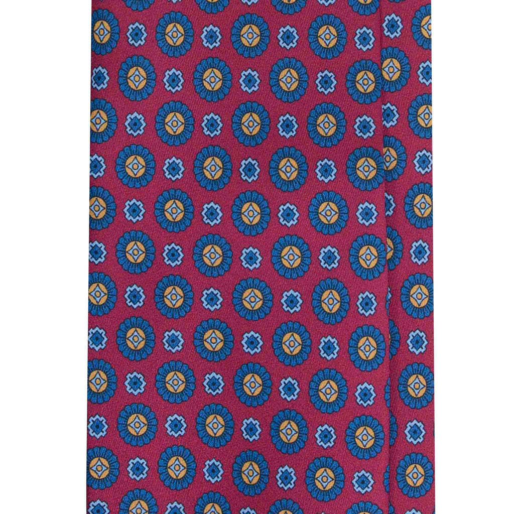 Red Silk Tie with Blue Medallions Serà Fine Silk