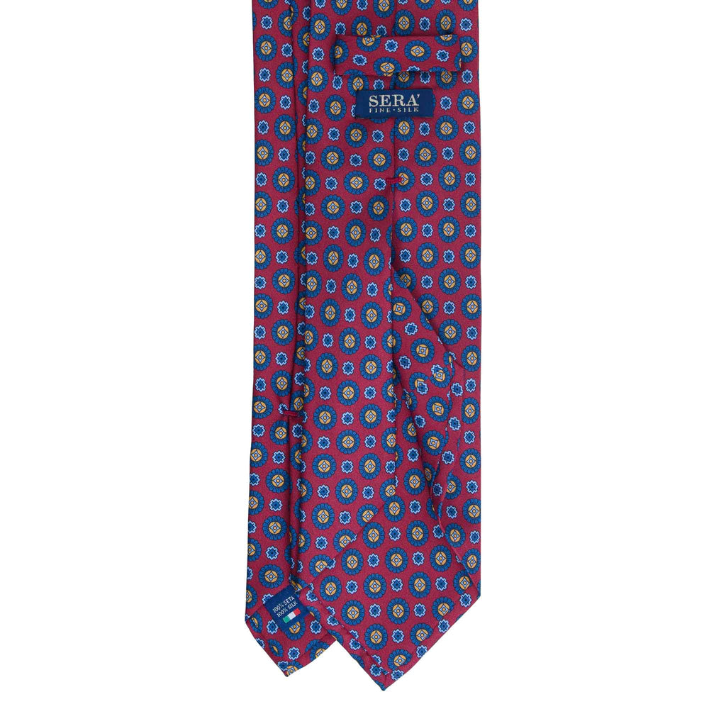 Red Silk Tie with Blue Medallions Serà Fine Silk