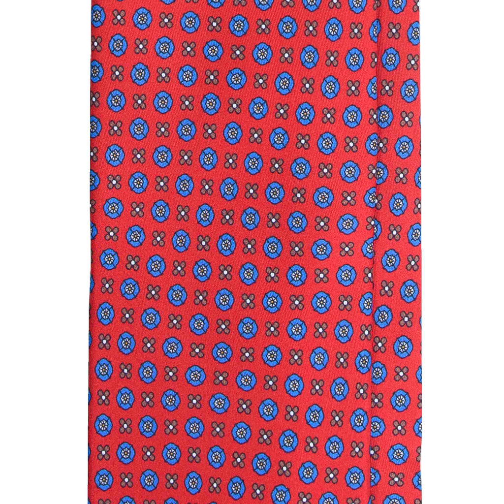 Red Silk Tie with Blue Flowers Pattern Serà Fine Silk