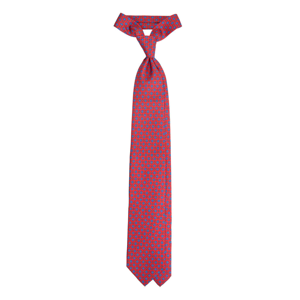 Red Silk Tie with Blue Flowers Pattern Serà Fine Silk