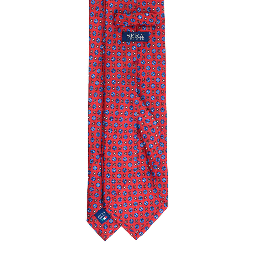 Red Silk Tie with Blue Flowers Pattern Serà Fine Silk