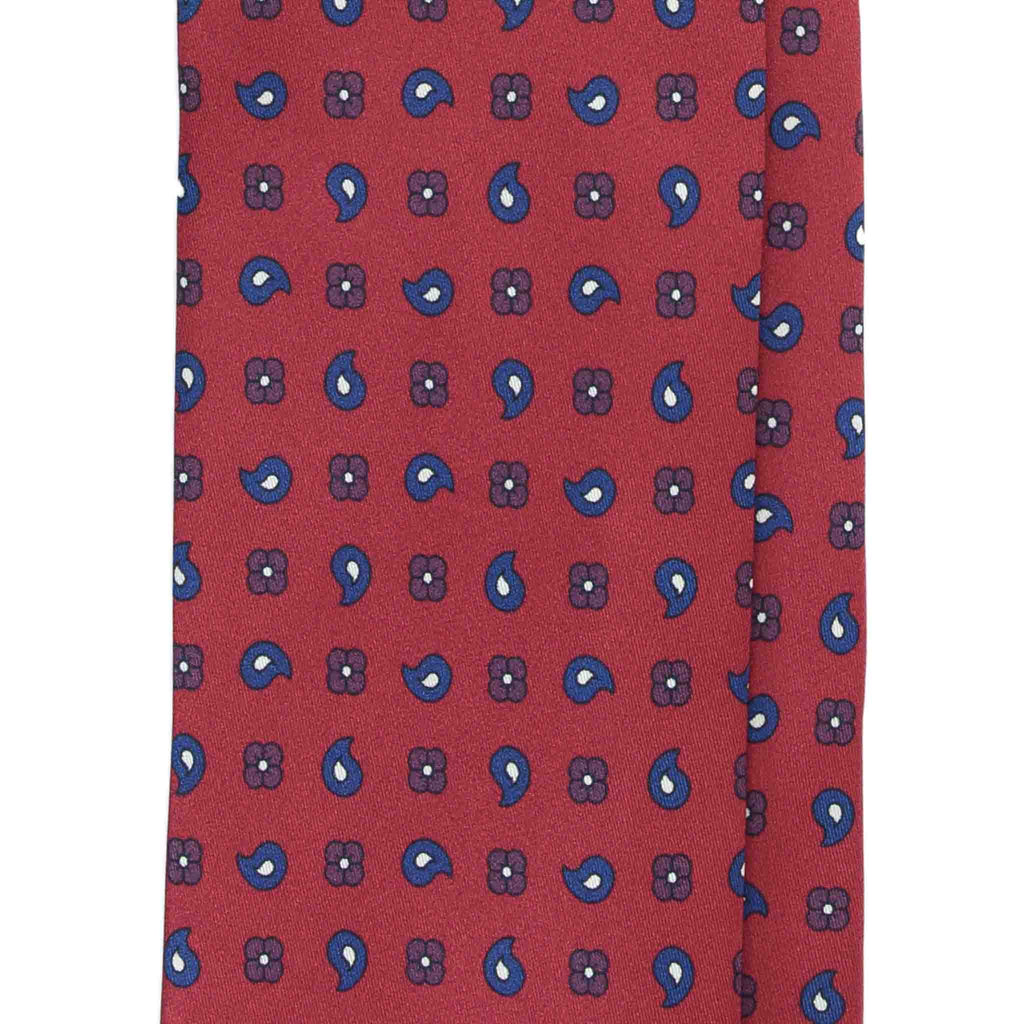 Red Silk Tie with Blue Paisley and Floral Pattern Serà Fine Silk