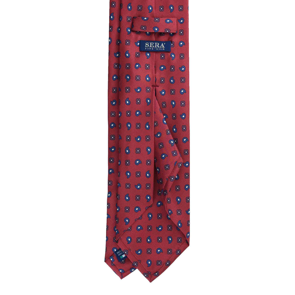 Red Silk Tie with Blue Paisley and Floral Pattern Serà Fine Silk