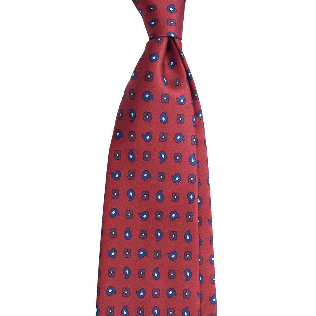 Red Silk Tie with Blue Paisley and Floral Pattern Serà Fine Silk