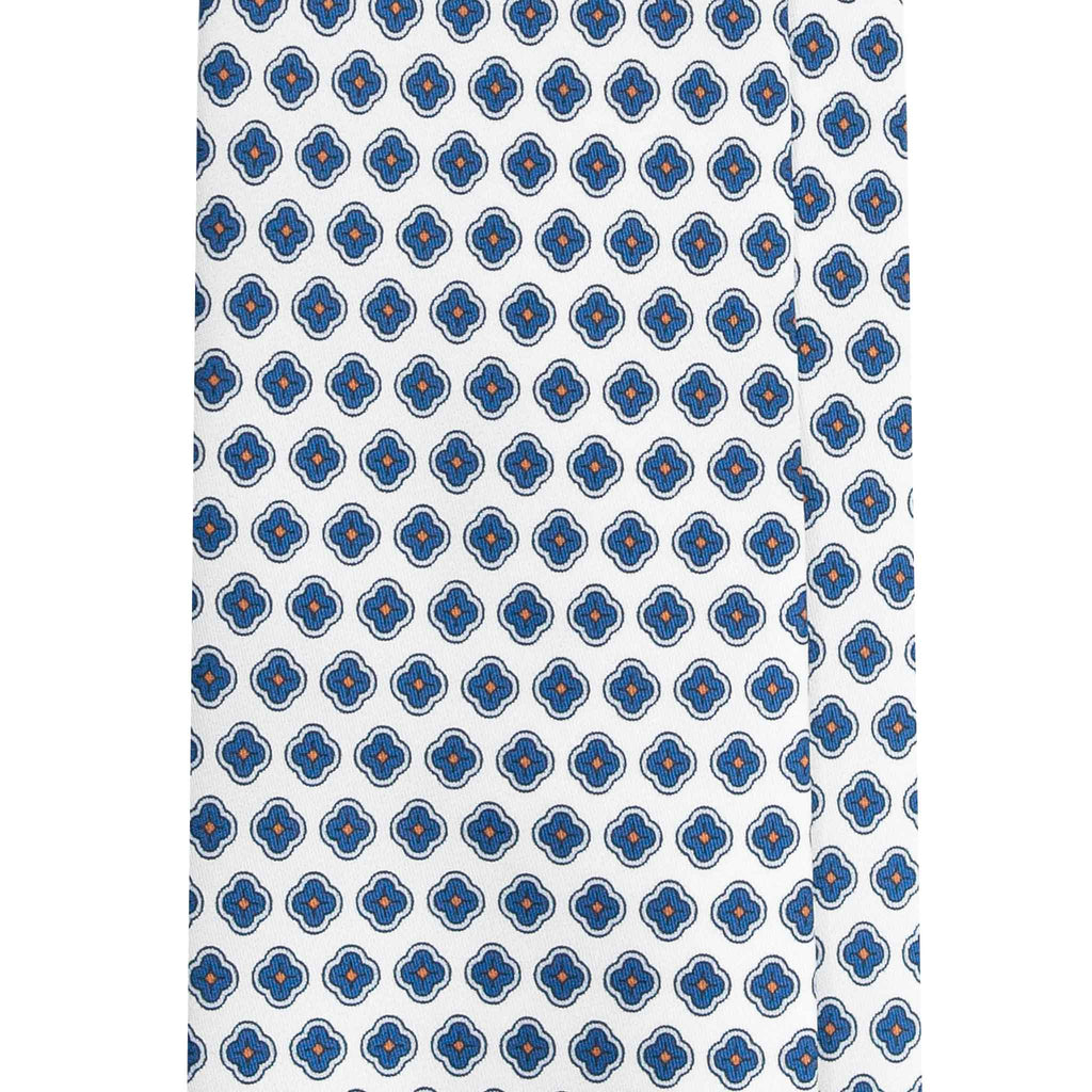 White Silk Tie with Small Blue Medallions Serà Fine Silk
