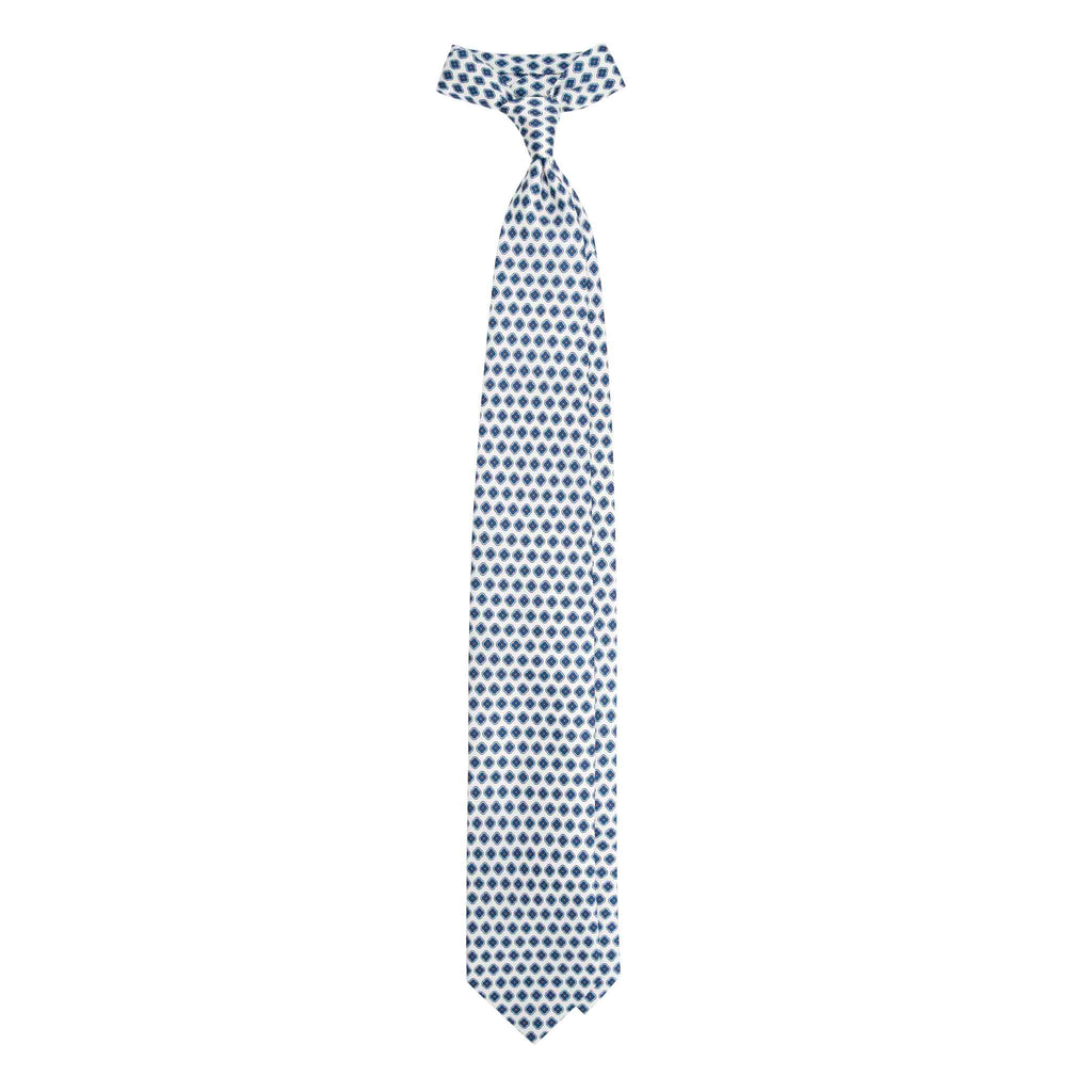 White Silk Tie with Small Blue Medallions Serà Fine Silk