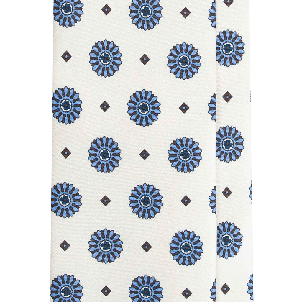 White Silk Tie with Light Blue Big Medallions Serà Fine Silk