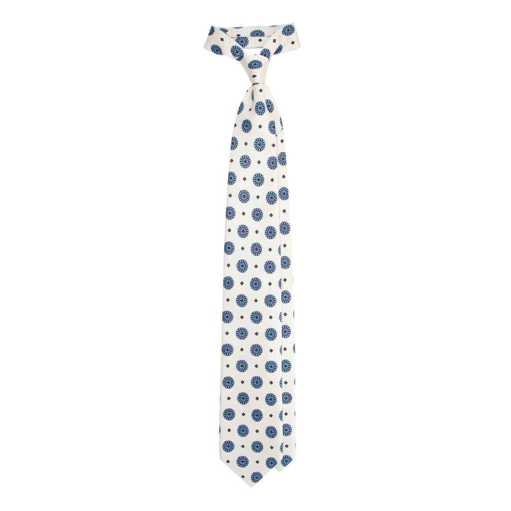 White Silk Tie with Light Blue Big Medallions Serà Fine Silk