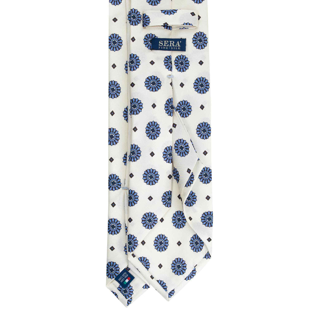 White Silk Tie with Light Blue Big Medallions Serà Fine Silk