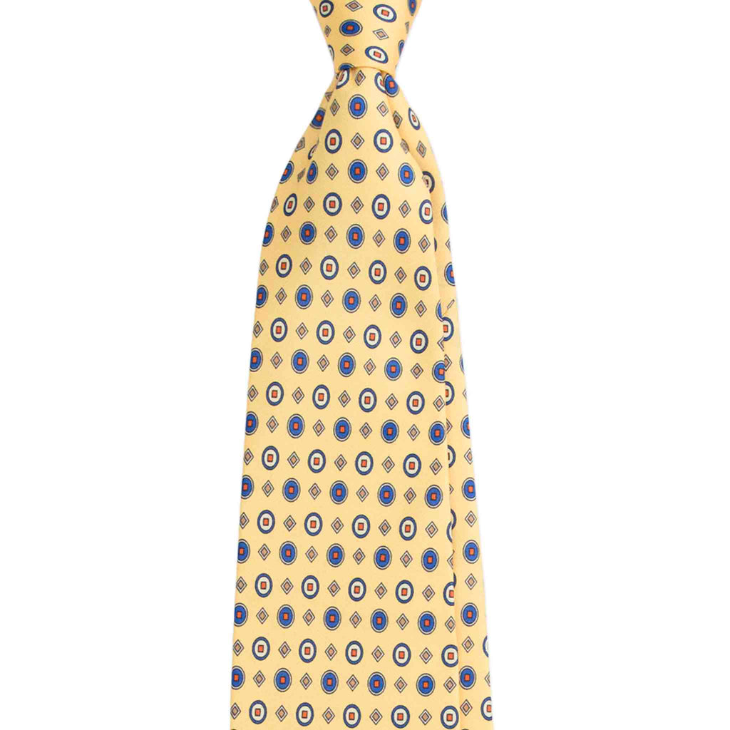 Yellow Silk Tie with Blue Geometric Pattern Serà Fine Silk