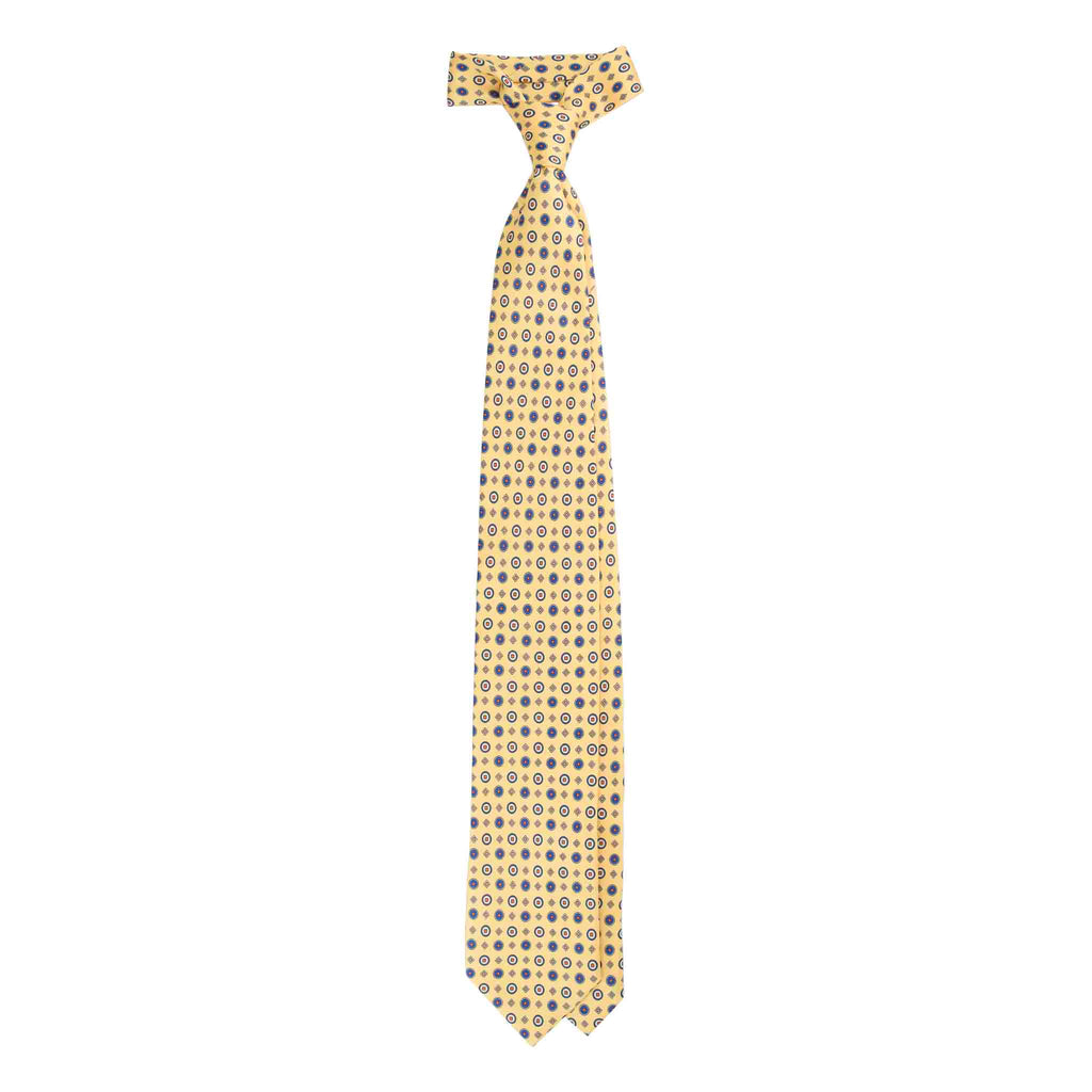 Yellow Silk Tie with Blue Geometric Pattern Serà Fine Silk