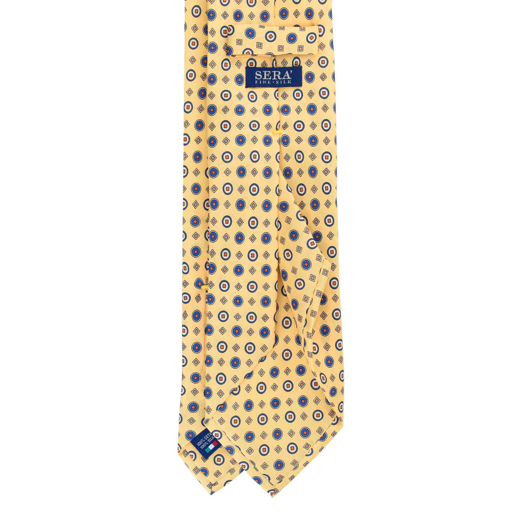 Yellow Silk Tie with Blue Geometric Pattern Serà Fine Silk