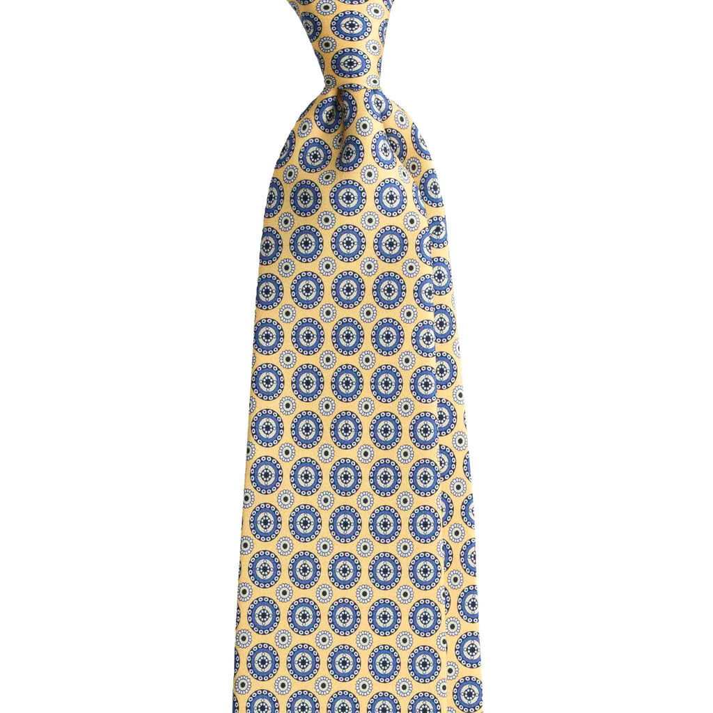 Yellow Silk Tie with Light Blue Round Pattern Serà Fine Silk